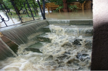 Flooded staricase with running water