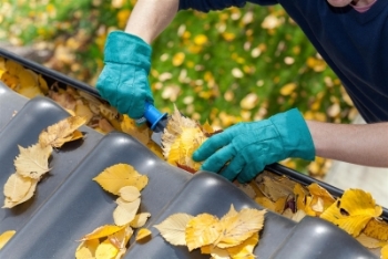 Person cleaning leaves out of a gutter