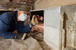 Inspector in residential crawl space checking structure
