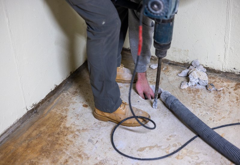 Professional Installing a Radon Fan System in a Maryland Home