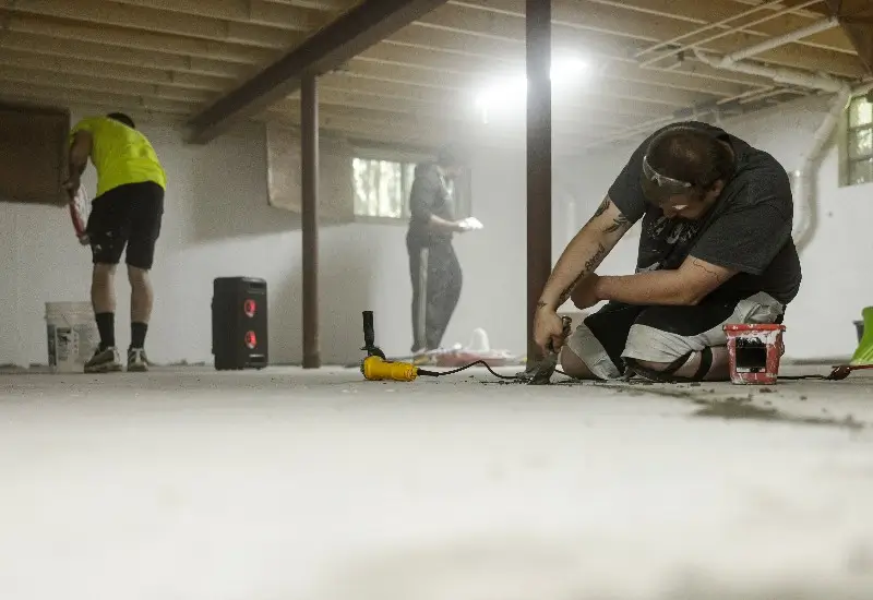 Group of workers waterproofing the basement floor