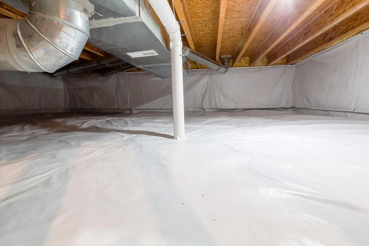 Crawlspace with white vapor barrier and encapsulation system.