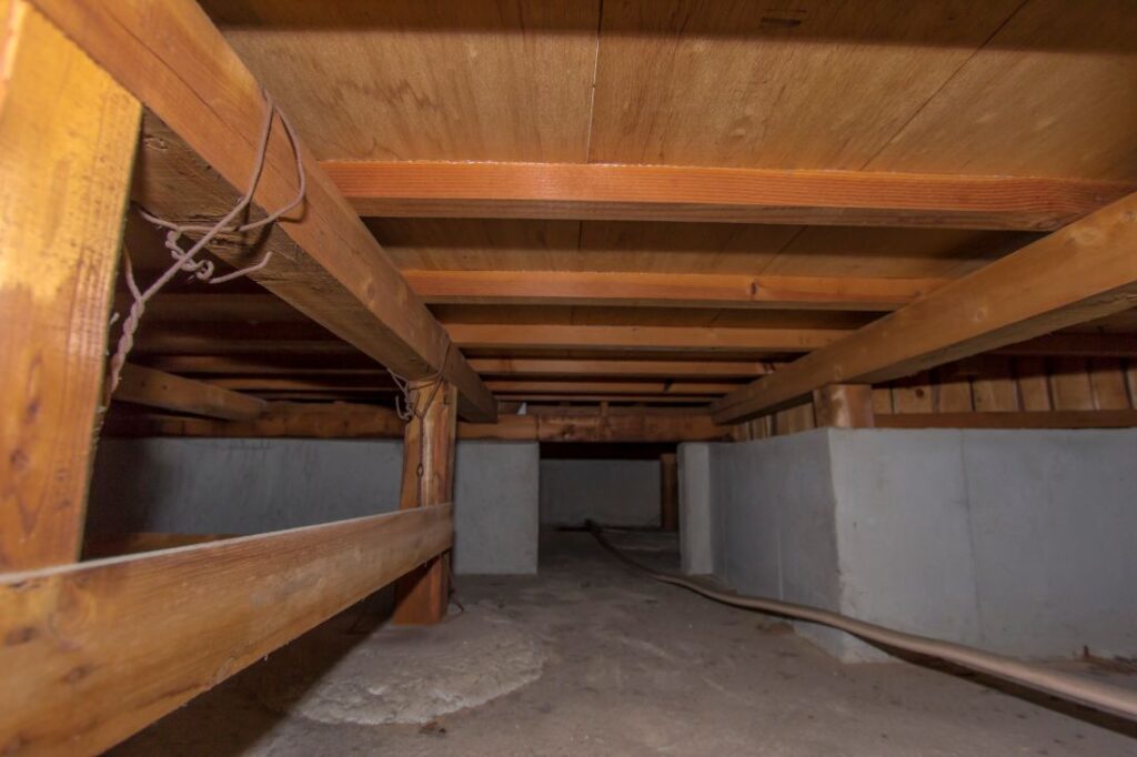 Crawl space with wooden beams and moisture issues under home foundation