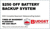 250 dollars off battery backup system or water jet backup Coupon of $250 Off on battery backup or water jet backup system in Maryland